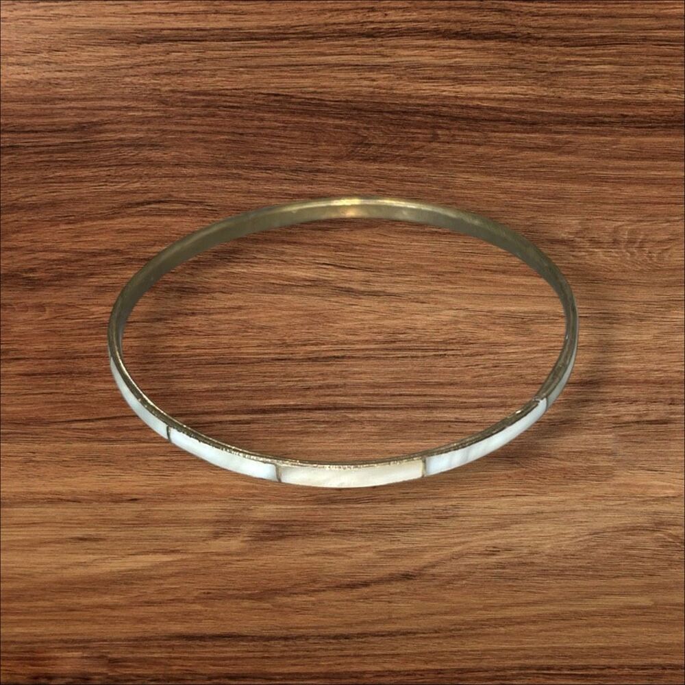 Vintage Mother of Pearl Inlay Brass Bangle Bracelet Boho 8 Inch